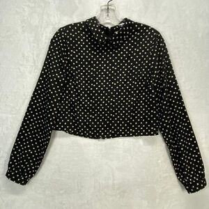 Coincidence & Chance Crop Top S Black Cream Polka Dot LS‎ Mock Neck Blouse